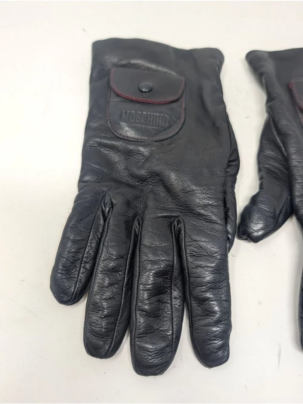 Vintage Y2K Moschino Black Leather Gloves Medium Italy Lambswool